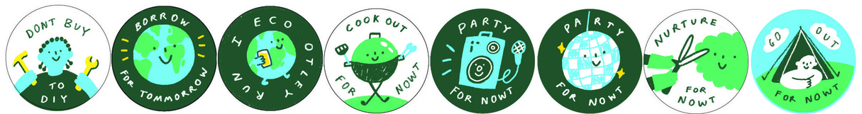 Borrow, don't buy · borrow is the new black · eco · cook out for nowt · party for nowt · nurture for nowt · get out for nowt
